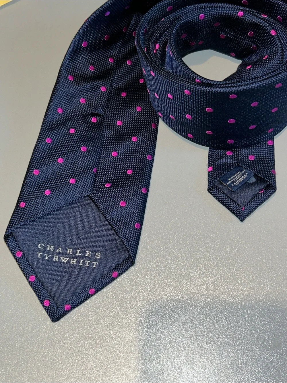 Men's Navy Tie with Pink Polka Dots 61”x3 1/8
